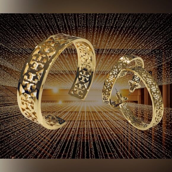 TORY BURCH KINSLEY EARRINGS AND BRACELET 18K GOLD PLATED SET - Picture 4 of 5